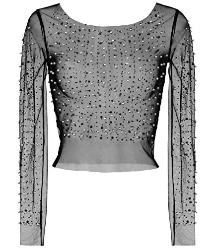 Women's Pearl Rhinestone See Through Long Sleeve Mesh Blouse One Piece Cover Up Halloween Festival Crop Top (Black, 4)