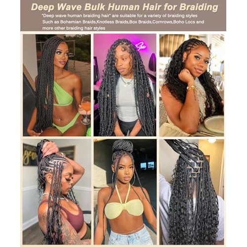 Bulk Human Hair for Braiding - 12A Curly Human Hair Bundles for Black Women - 24 inch, Deep Wave, No Weft, Boho Braids - 100% Unprocessed Brazilian Virgin Human Hair Extensions - Beauty Youth