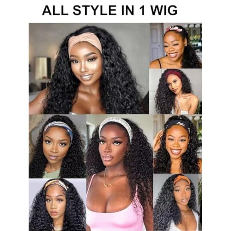 UNICE HookFit Water Wave Headband Wig Human Hair with Drawstring No-Slip Glueless Headband Half Human Hair Wig 150% Density Natural Black 16 inch