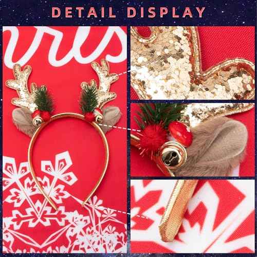 TULOBI Christmas Headbands Glitter Christmas Elk Antlers Headband Cute Xmas Hair Bands Holiday Headbands Party Gift Christmas Costume Party Accessories for Women and Girls (Gold)