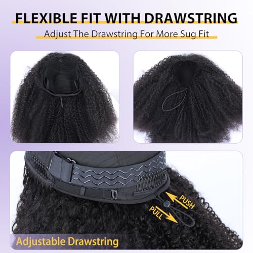 V SHOW Afro Curly 3 In 1 Half Wig Human Hair Elastic Drawstring Wear Go Glueless Kinky Curly Human Hair Half Wigs Friendly To Beginners 180% Density Natural Hairline Flip Over Wig 16Inch