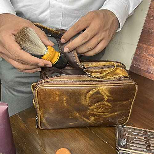 RUSTIC TOWN Leather Toiletry Bag - Men Shaving Ditty Kit - Women Cosmetic Bag Makeup Organizer for Travel Size Toiletries