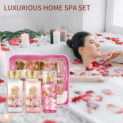 Bath and Body Gift Set for Women & Girls, Rose 3PCS Set for - Shower Gel, Body Lotion, Body Mist, Personal Portable Body Care Travel Set, Home Spa Set for Birthday Mother's Day Gifts for Her