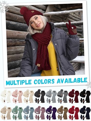 Winter Hat Scarf Gloves Set,Fleece Lined Pom Pom Beanie Hat Warm Knit Long Scarf Touchscreen Gloves Winter Gifts for Women Burgundy