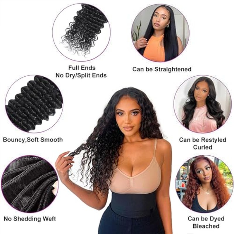 15A Raw Human Hair Bundles Deep Wave Bundles Human Hair,Triple Lifespan Indian Virgin Hair,No Tangle Shedding,Multiple Washes Keep Texture Silky Soft (3 Bundle Natural Black, 16 18 20)