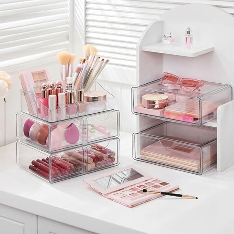 Vtopmart 5 Tier Clear Makeup Organizer with Drawer, Cosmetic Storage for Dresser Countertop and Bathroom Vanity, Beauty Holder for Lipstick Brush Skincare