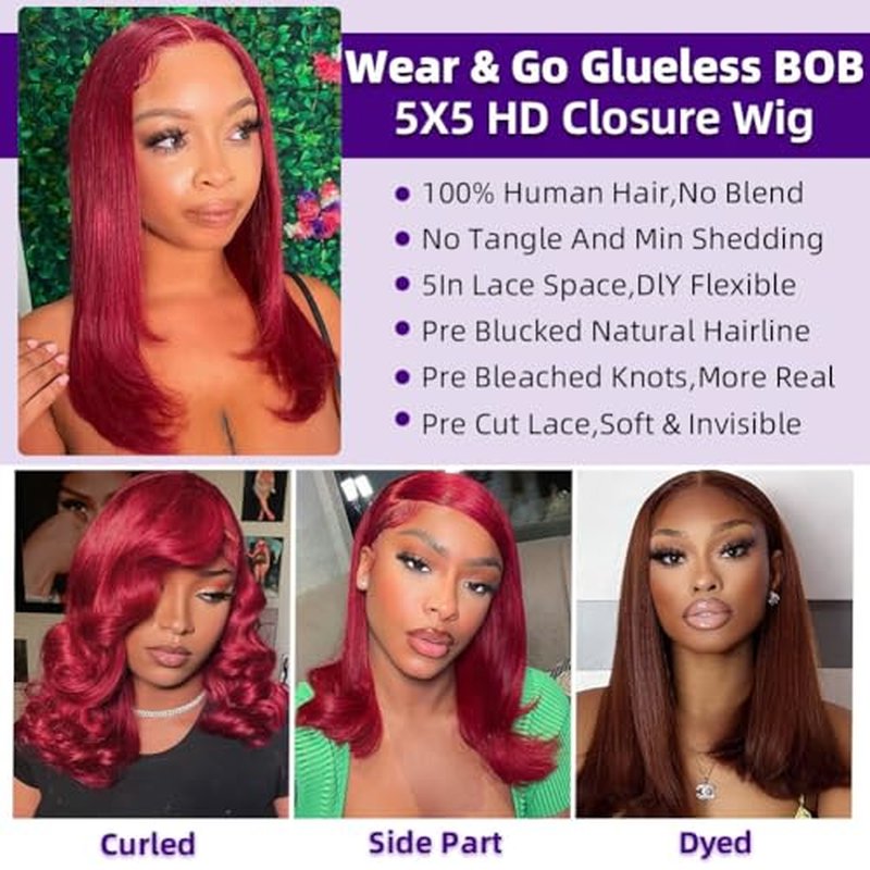 Burgundy 5x5 HD Lace Bob Wig Human Hair 200 Density Pre Plucked Pre Bleached Pre Cut Glueless Wear and Go Wigs for Black Women with Lace Closure Brazilian Straight Human Hair 18 Inch Bob Wigs