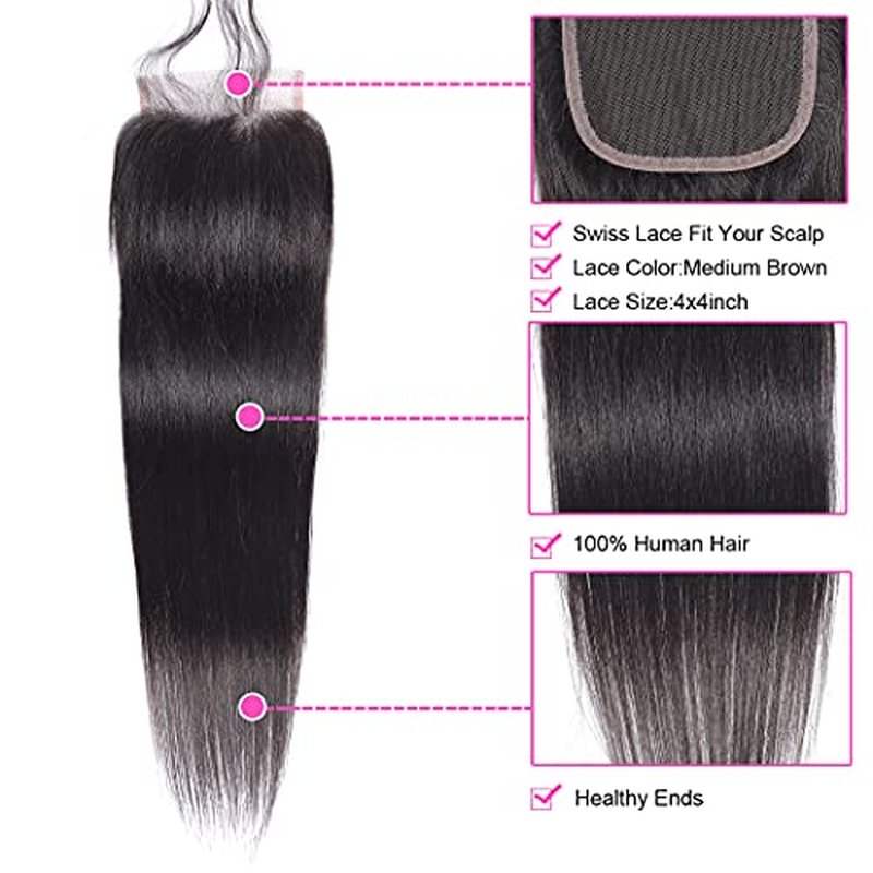Peruvian Straight Human Hair Bundles with Closure(16 18 20+12) Unprocessed Virgin Human Hair 3 Bundles with Closure 10A Straight Hair Weave Bundles with Lace Closure Natural Color
