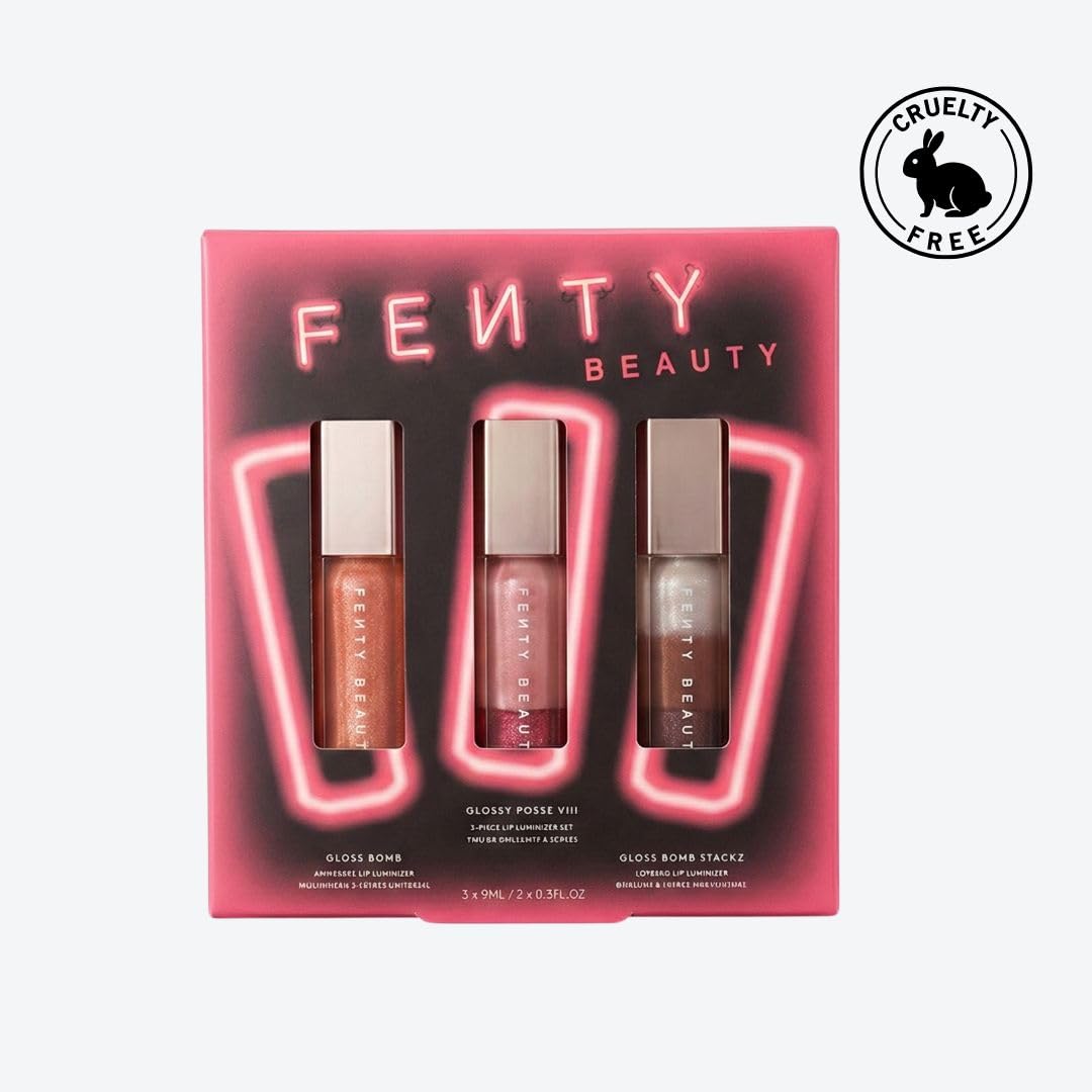FENTY BEAUTY Glossy Posse VIII 3-Piece Lip Luminizer Set | Shades Fenty Glow Fantasy, Sugar Plumz, Spiked Hot Chocolit | 3 x 0.3 Fl Oz