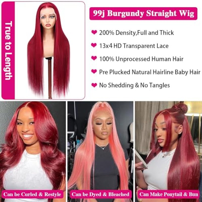 SOSATISFY 200 Density 99J Burgundy Lace Front Wigs Human Hair 13x4 Glueless HD Transparent Red Wigs Straight Lace front Colored Wigs for Women Pre Plucked with Baby Hair 22 Inch