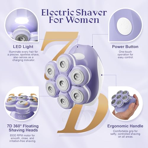 7D Electric Razor for Women: Fast & Painless Full-Body Shaver for Legs & Face ? Waterproof Hair Remover with Light & Travel Cover ? Wet/Dry Use, Smooth Close Shave, Birthday Christmas Gift