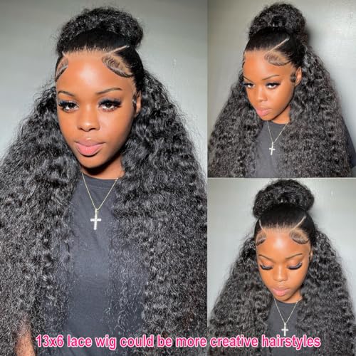 13x6 Lace Front Wigs Human Hair Pre Plucked 180% Density 28 Inch Transparent HD Deep Wave Lace Front Wigs Human Hair for Black Women Curly Wigs Natural Black
