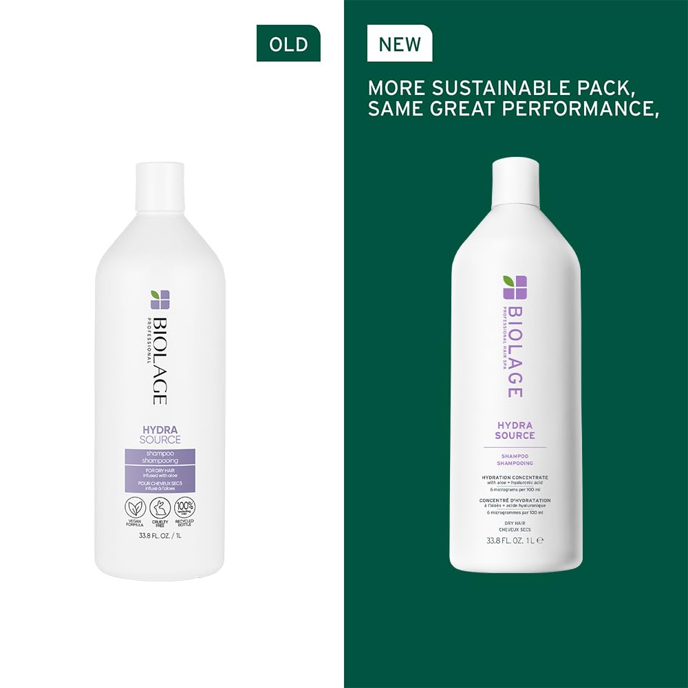 Biolage Hydra Source Shampoo - Softens & Adds Shine, For Dry Hair, Infused with Micro-Filtered Aloe Vera & Fermented Hyaluronic Acid, Vegan & Paraben-Free, Packaging May Vary