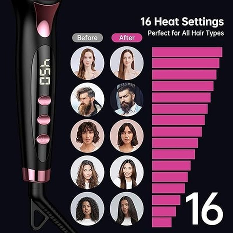 Hair Straightener Brush - 16 Heat Settings, Scald-Resistant & Auto Shut-Off | Family-Friendly Design