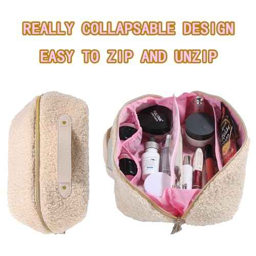 Makeup Bag - Large Capacity Travel Cosmetic Bag, Travel Toiletry Bag Cute Plush Makeup Pouch with Handle and Divider Flat Lay Portable Makeup Case Organizer for Women (Black)