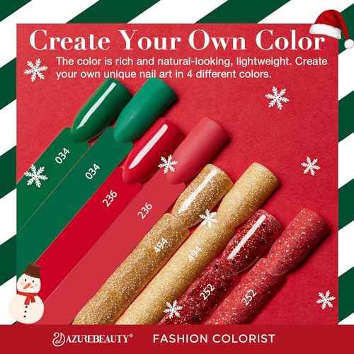 AZUREBEAUTY Christmas Dip Powder Nail Kit, 4 Colors Red Green Gold Glitter Dipping Powder System Liquid Set Recycling Tray, French Nail Art Base & Top Coat Activator DIY Salon.