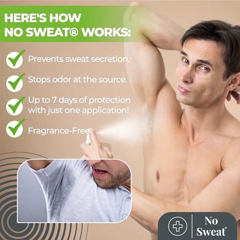 NO SWEAT Maximum Strength Antiperspirant Spray, Strong Deodorant for Excessive Sweating & Hyperhidrosis Treatment, Lasts up to 7 Days -50ml) Packing May Vary