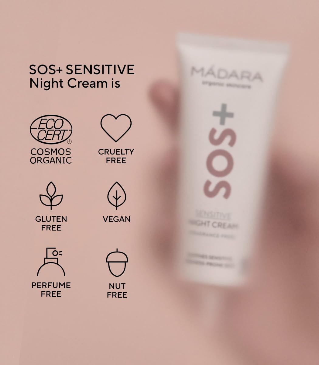 Madara Organic Skincare | SOS+ Sensitive Night Cream - Calming Moisture for Redness-Prone Skin, Fragrance-Free