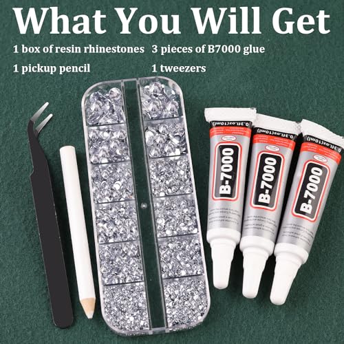 Resin Rhinestones for Crafting with B7000 Jewelry Glue, 1 Box Clear Flatback Crystals with 3Pcs 10ml Glue for Bedazzling Crafts DIY Nail Art Makeup£¬Non Hotfix Gems for Clothing Shoes