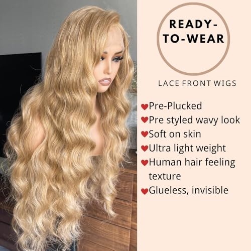 Honey Blonde 13x6 Lace Front Wig 32 Inch Loose Wave Brown Mixed Color Glueless Synthetic Pre Plucked for Black Women HD Lace 150% Density Long