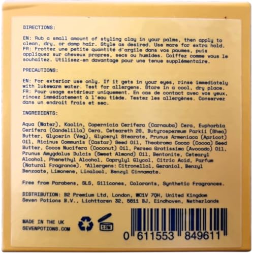 SEVEN POTIONS Hair Clay For Men and Women 3.4 fl oz - High Hold No Shine Hair Pomade For Men - Effortless Hair Styling Product That Leaves No Residue - Water Based - Natural, Vegan, Cruelty Free