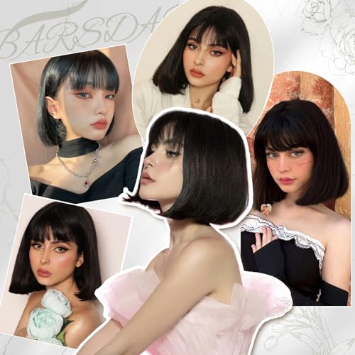 BARSDAR Short Black Bob Wig With Bangs - Short Black Bob Wig With Bangs for Women - 12 Inch Chin-Length Natural Looking Soft Synthetic Hair Replacement Daily Halloween Velma Kelly Mia Wallace Wigs