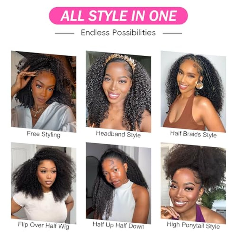 BGM GIRL Half Wig Human Hair Kinky Curly 3 in 1 Wigs Beginner Friendly Flip Over Drawstring Glueless Wig Kinky Curly Ready to Go Seamless Clip in Wigs Natural Black Color 16 Inch
