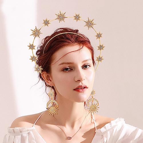 M&C Music Color Halo Crown Moon Stars Goddess Crown Halo Headband Crown Celestial Headband Tiaras Crowns for Women Wedding Bridal Prom Tiara with Star Earrings Dangle Gold