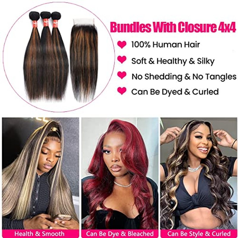 Haha Brown Highlight Human Hair Bundles With Closure Straight Ombre Bundles With Closure Colored Balayage 10A Remy Virgin Hair Weave 3 Bundles With 4x4 Lace Closure Free Part 12 12 12+10 Inch #FB30
