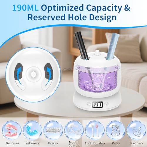2025 Upgraded Ultrasonic Retainer Cleaner Machine,Separate Retainer Cleaner for Night Guards, Braces, Aligner, Jewelry, 4 Modes Denture Cleaner & Removable Base and Top Cover(White)