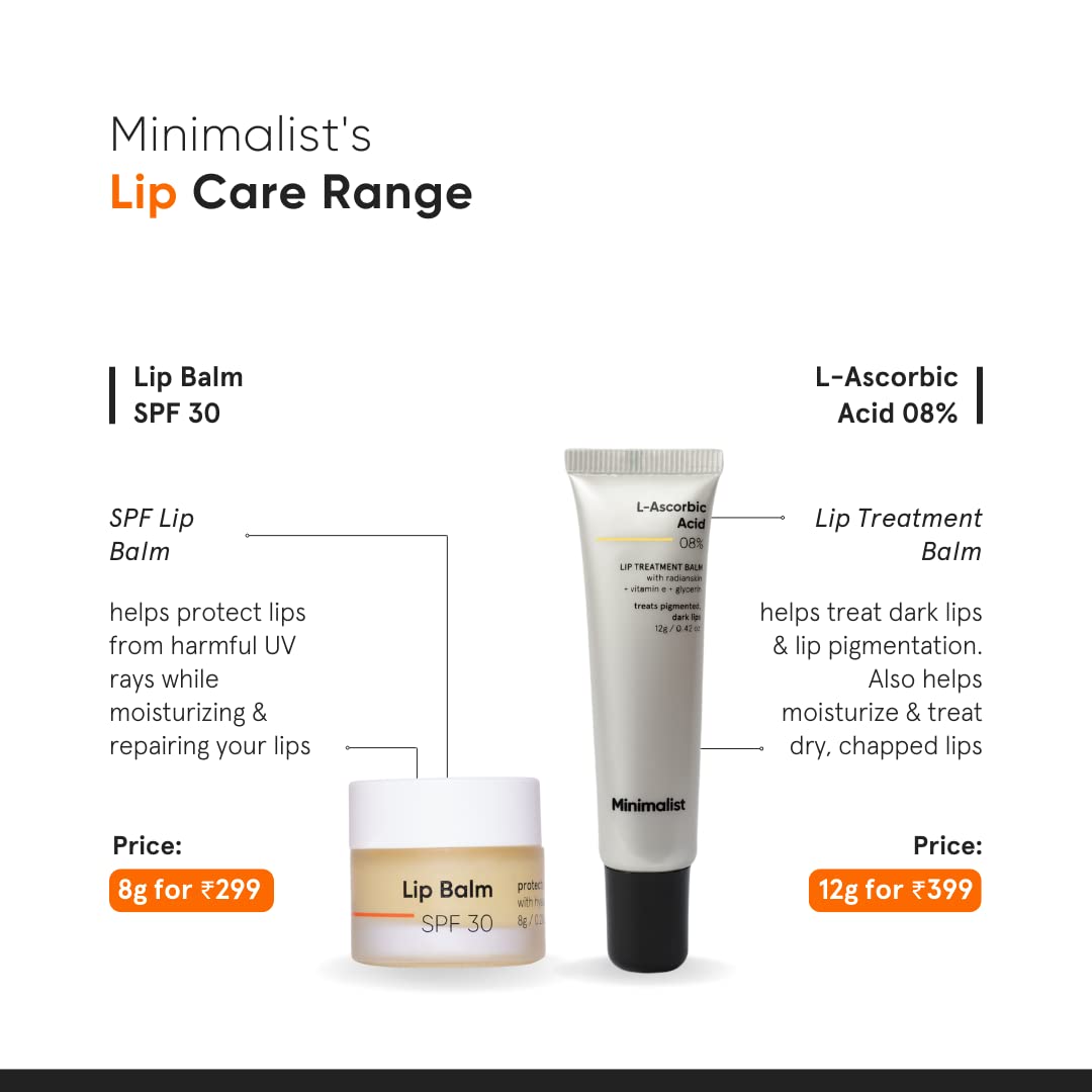 Minimalist Lip Brightening Lip Balm | L-Ascorbic Acid 8% with Vitamin E, Radianskin & Glycerine | For Smoker Lips| Women & Men | 0.42 Oz / 12 gm