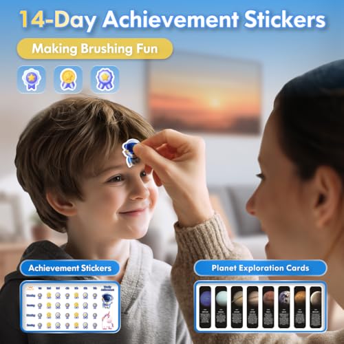 Kids Electric Toothbrush Rechargeable Age 3-5-6-12-18 Year Old, Sonic Toothbrush Kids with Timer 3 Modes 4 Vibrating Heads Habit Stickers Tooth Brush for Girls Boys and Childrens (Astronaut Black)