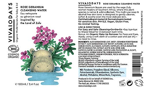 VIVAIODAYS Organic Rose Geranium Cleansing Water -Quick Clean up for Baby & Gentle Makeup Remover (3.4 oz | 100 ml)