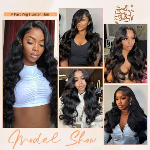 V Part Wigs Human Hair Body Wave Upgrade Glueless Human Hair 20 Inch V-Part Clip in Wigs No Leave Out, No Glue, No Sew-in, Beginner Friendly