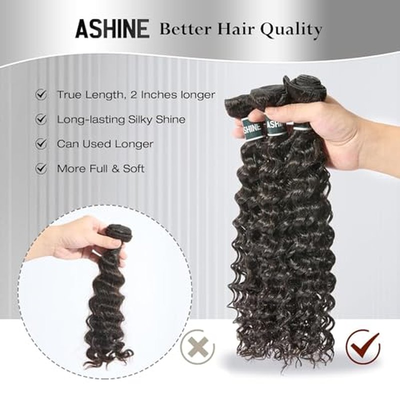ASHINE Human Hair Bundle Deep Wave Unprocessed Cambodian Raw Hair 24 Inch, Flip Over Quick Weave Wet and Wave Bundles for Women Natural Black