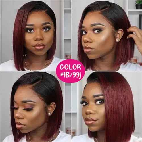 Ombre 99J Burgundy Lace Front Bob Wig Human Hair 13x4 HD Lace Frontal Wigs Short Straight Bob Wigs for Black Women Human Hair Pre Plucked Natural Hairline 1B/99J 8 Inch