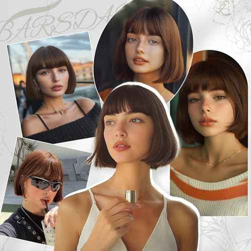 BARSDAR Short Brown Bob Wig With Bangs - Short Brown Bob with Bangs Wig for Women - 12 Inch Natural Looking Soft Synthetic Hair Replacement Wigs Velma Kelly Costume Dora Wigs Daily Party Halloween