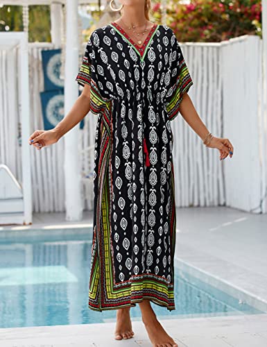 Bsubseach Kaftan Dresses for Women Plus Size Swimsuit Cover Up Long Caftan Dress with Waist Drawstring Black Green