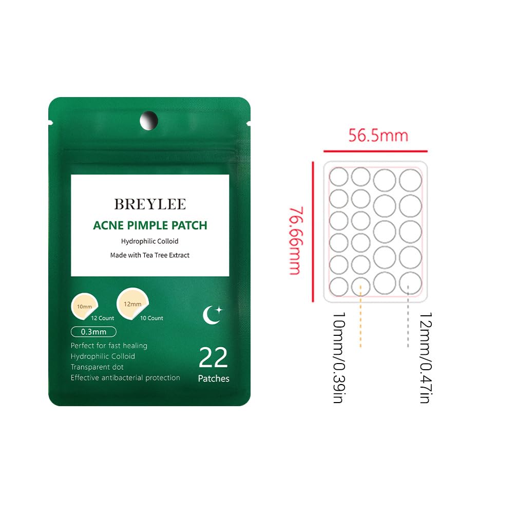 Acne Patches, BREYLEE Tea Tree Pimple Patches Acne Dots Acne Absorbing Cover Pimple Sticker Hydrocolloid Acne Patch (3 Pack, 66 Count)