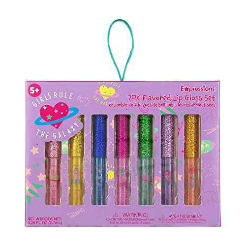 EXPRESSIONS 7pc Girls Rule The Galaxy Lip Gloss Collection For Girls Teens & Women, Flavored Lip Gloss Glitter Lip Kit Party Favors