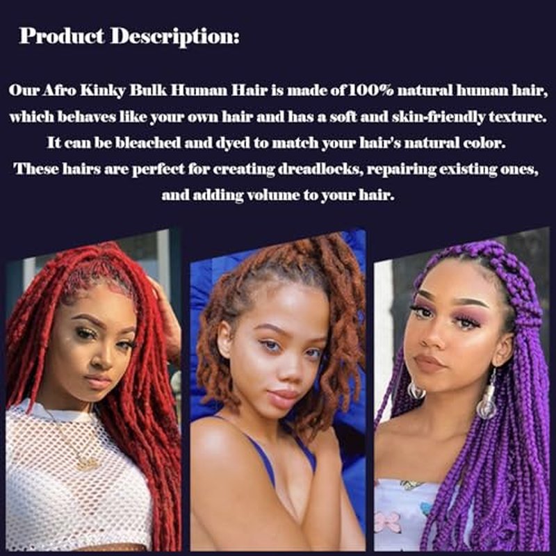 Afro Kinky Bulk Human Hair For Dreadlock Extensions Repair Locs,Twist Braiding, 100% Human Braiding Hair can be bleached and dyed 30Grams each bundles Total (8Inch 10Bundles/Pack #1B)