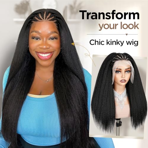 quickwig Kinky Straight Wig Braided Wigs for Black Women Yaki Straight Wig 13x4 Lace Front Braided Wigs 22 Inch Black Glueless Pre Braid Wig Synthetic Handmade Cornrow Braids Wig