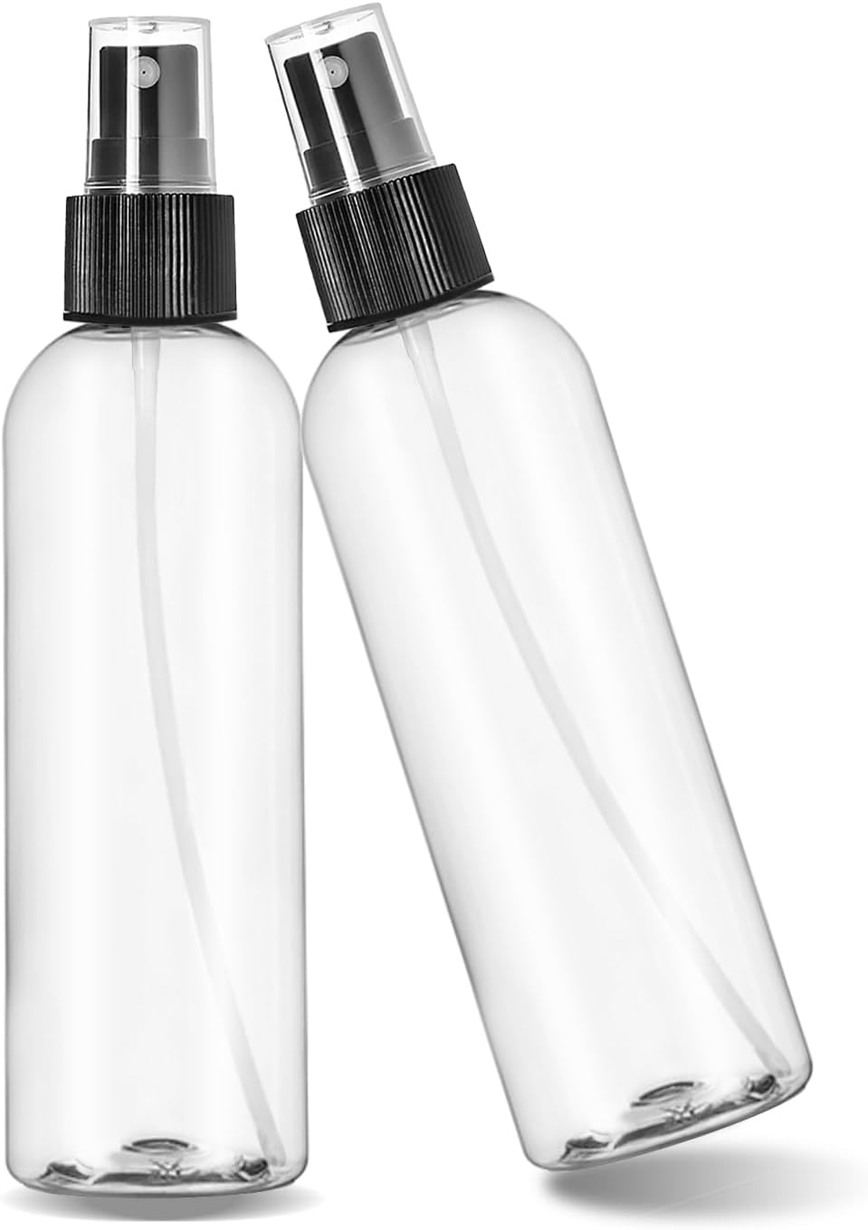 ljdeals 8 oz Clear Plastic Spray Bottles, Black Fine Mist Sprayer, Refillable Empty Bottles for Essential oils, Perfumes, Travel. Pack of 2, Made in USA