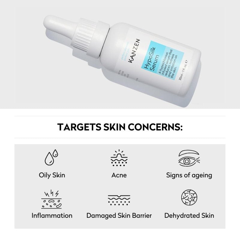 Kanzen Skincare Hyposilk Serum with Hypochlorous Acid, Protects the Skin and Reduces Redness and Irritation, Suitable for Breakout Prone Skin, Fast-Absorbing Formula 1 Fl. Oz