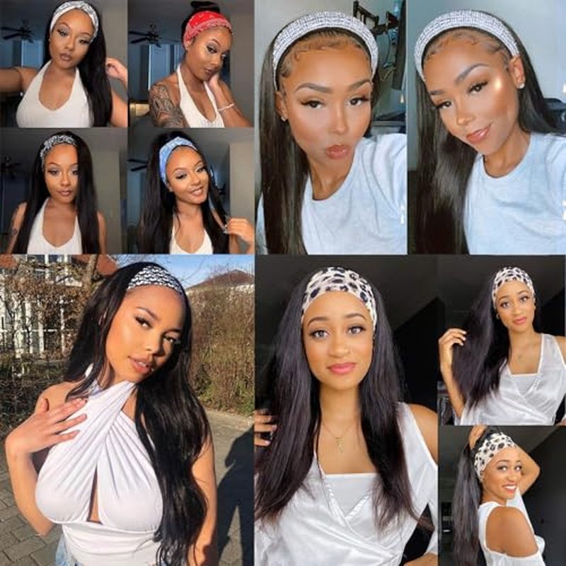 Headband Wig Straight Human Hair Wigs for Black Women Glueless None Lace Front Human Hair Headband Wig Brazilian Virgin Hair Wigs Human Hair 150% Density 24 Inch