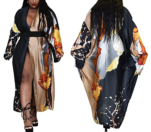 Famnbro Women's Floral Print Satin Robe Kimono Cardigan Open Front Long Cover Ups Outerwear One Size