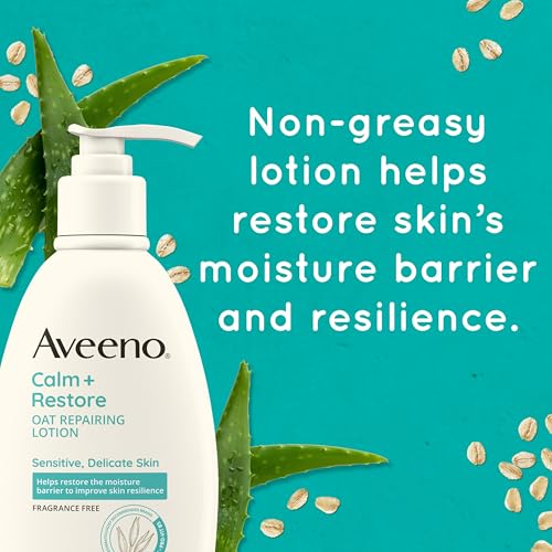 Aveeno Calm + Restore Oat Repairing Body Lotion for Sensitive Skin, Daily Moisturizer with Prebiotic Oat, Aloe & Pro-Vitamin B5, Fragrance Free Body Lotion Helps Heal Dry Skin, 12 oz