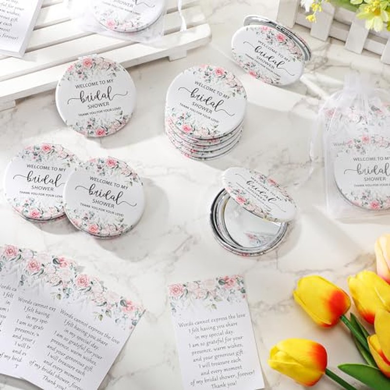 XunYee 24 Sets Bridal Shower Favors for Guests Flower Design Makeup Mirrors Leather Compact Mirrors Bridal Thank You Cards with Organza Bags Bridesmaid Gifts Wedding Party Favors Supplies