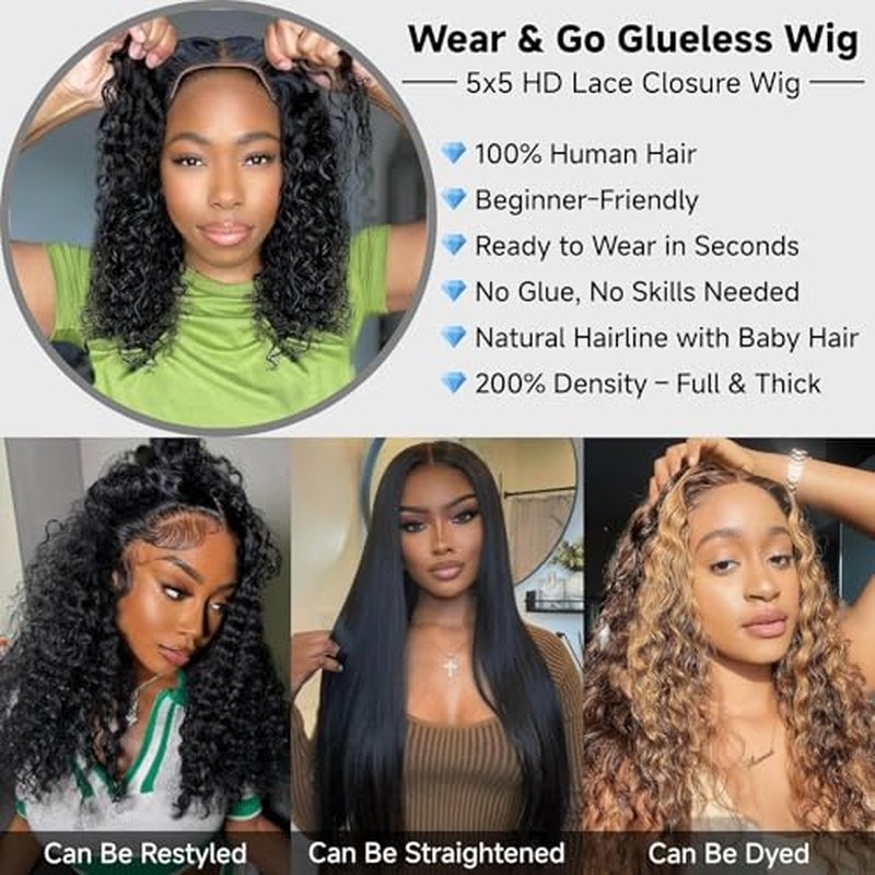 Wear and Go Glueless Wigs Human Hair Pre Plucked Pre Cut 18 Inch Deep Wave 5x5 HD Lace Closure Wigs Human Hair 200 Density with Baby Hair Deep Curly Wig for Black Women