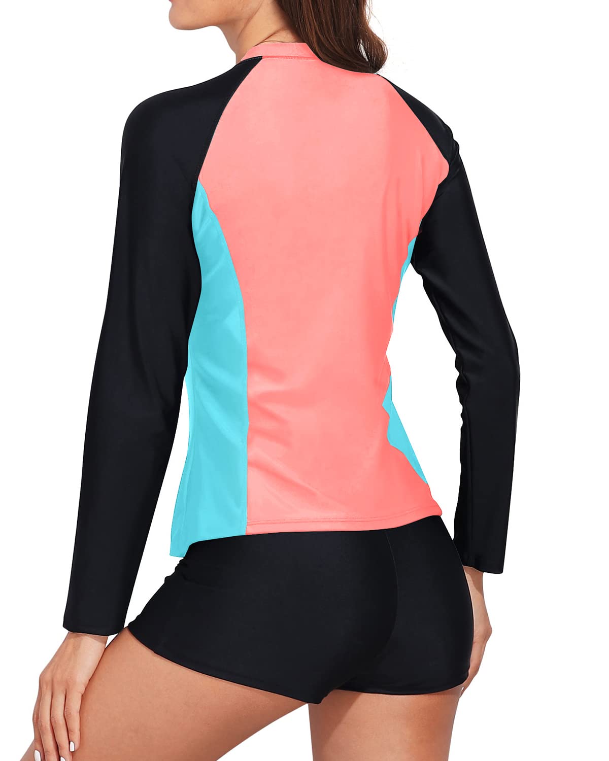 Daci Women Long Sleeve Rash Guard 2 Piece with Boy Shorts Zipper Swimsuit UPF 50 Bathing Suit Black Coral 2 XL